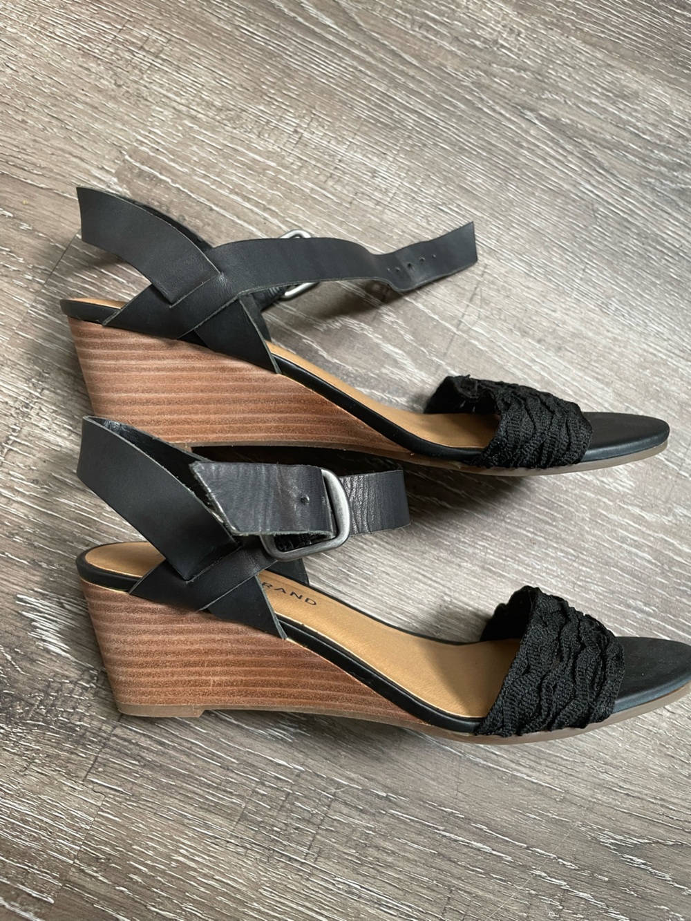 Lucky Brand Black Wedge Sandals with Textured Front toe, leather ankle strap